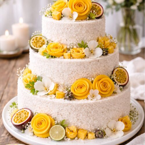 White wedding cake topped with yellow roses, white flowers, and passion fruit slices