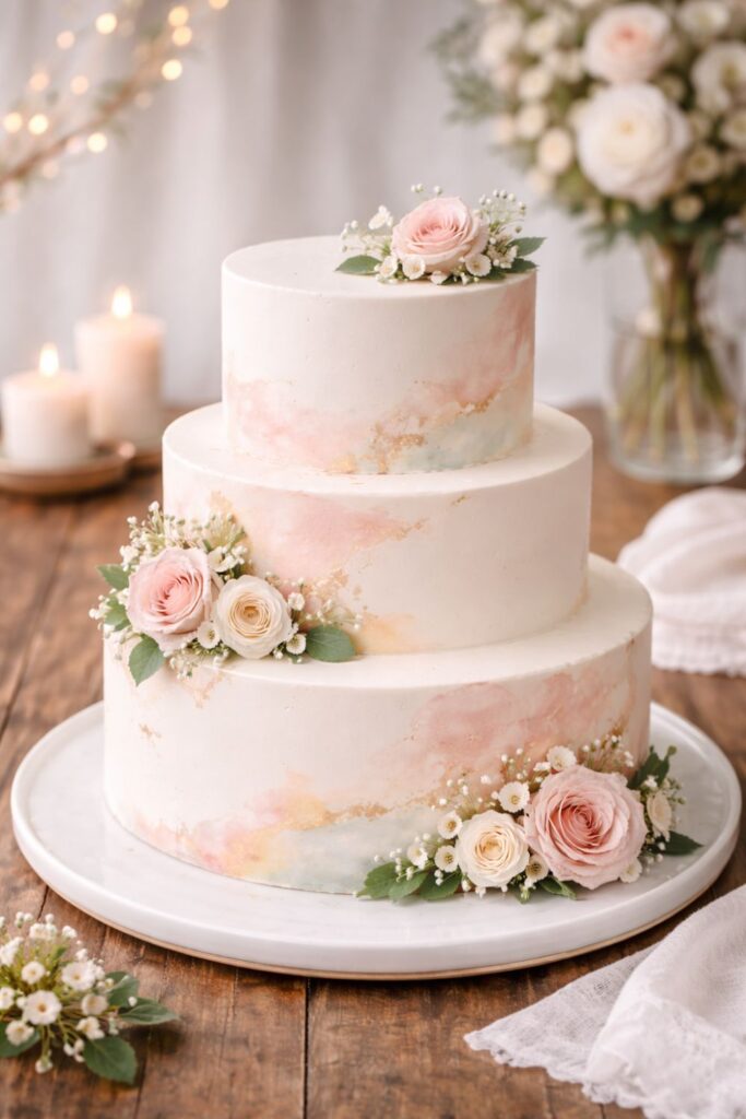 White wedding cake decorated with a single blush pink rose and white flowers, with fairy lights in the background