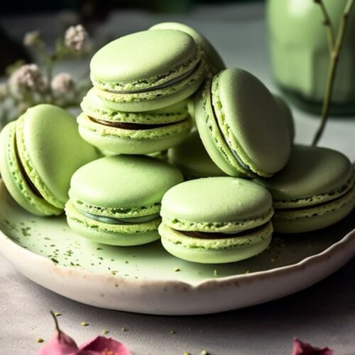 Stack of pastel green matcha macarons with smooth shells on a white plate