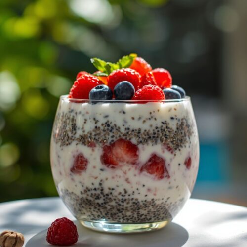 Chia pudding in a glass, garnished with fresh berries and mint leaves