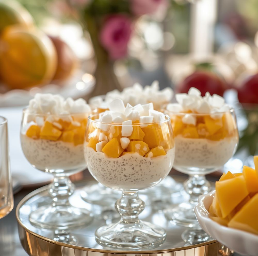 Glasses of chia pudding topped with diced mango and coconut flakes, served on a mirrored tray