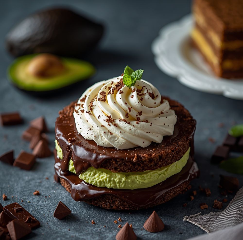 A layered chocolate cake with avocado mousse filling, topped with whipped cream and mint, beside a fresh avocado