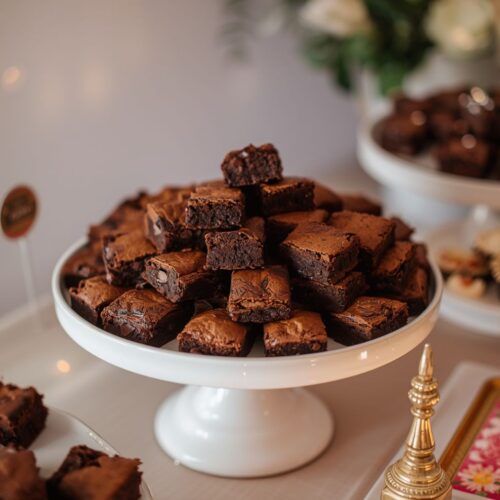 A pile of chocolate chip brownie squares stacked on a white cake stand at a dessert table