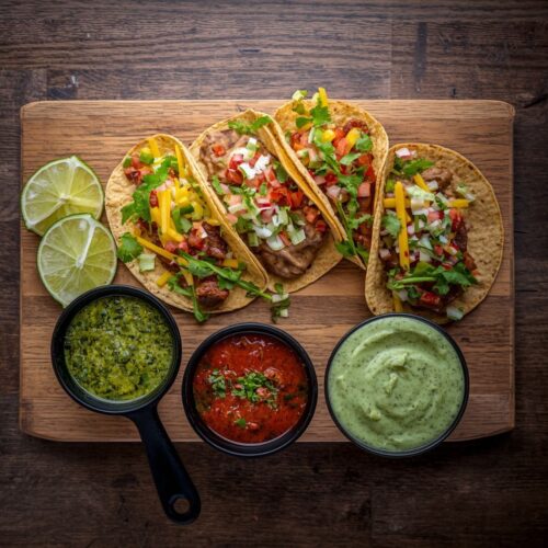 Four topped tacos served with lime wedges and three dipping sauces