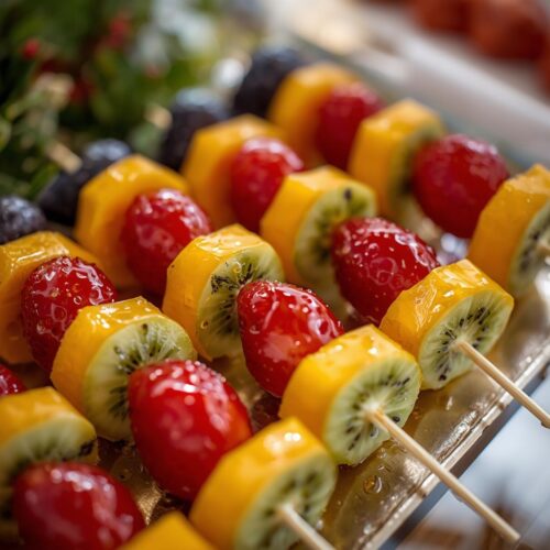 Skewers of glazed strawberries, mango, kiwi, and blackberries arranged in rows