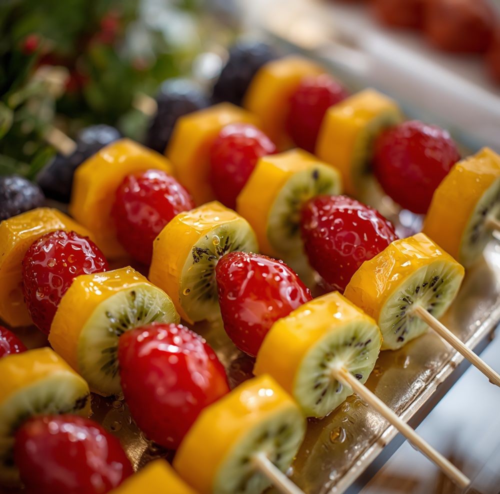 Skewers of glazed strawberries, mango, kiwi, and blackberries arranged in rows