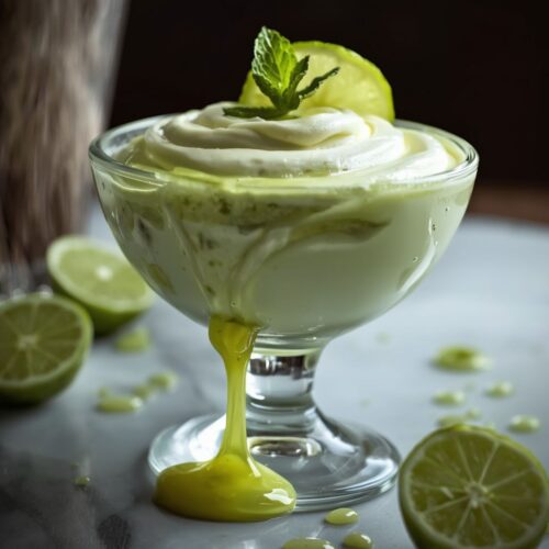 Green mint cream dessert in a glass, garnished with fresh mint leaves