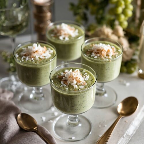 Four glass cups of green mousse topped with toasted coconut flakes, served with gold spoons