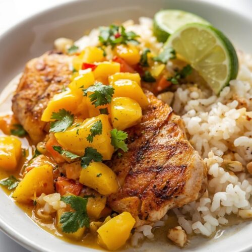 Grilled chicken served with rice, mango salsa, lime, and cilantro