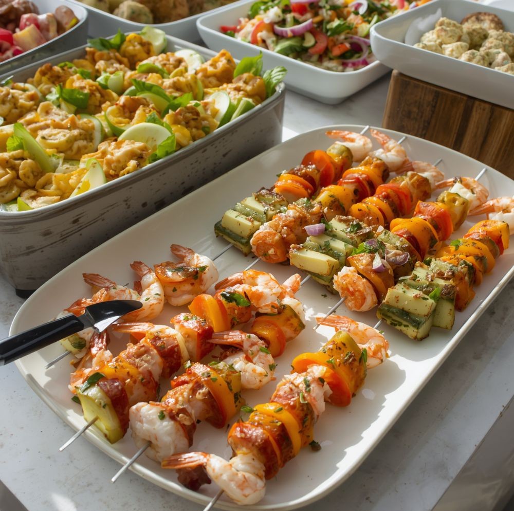 Grilled shrimp and vegetable skewers with salad