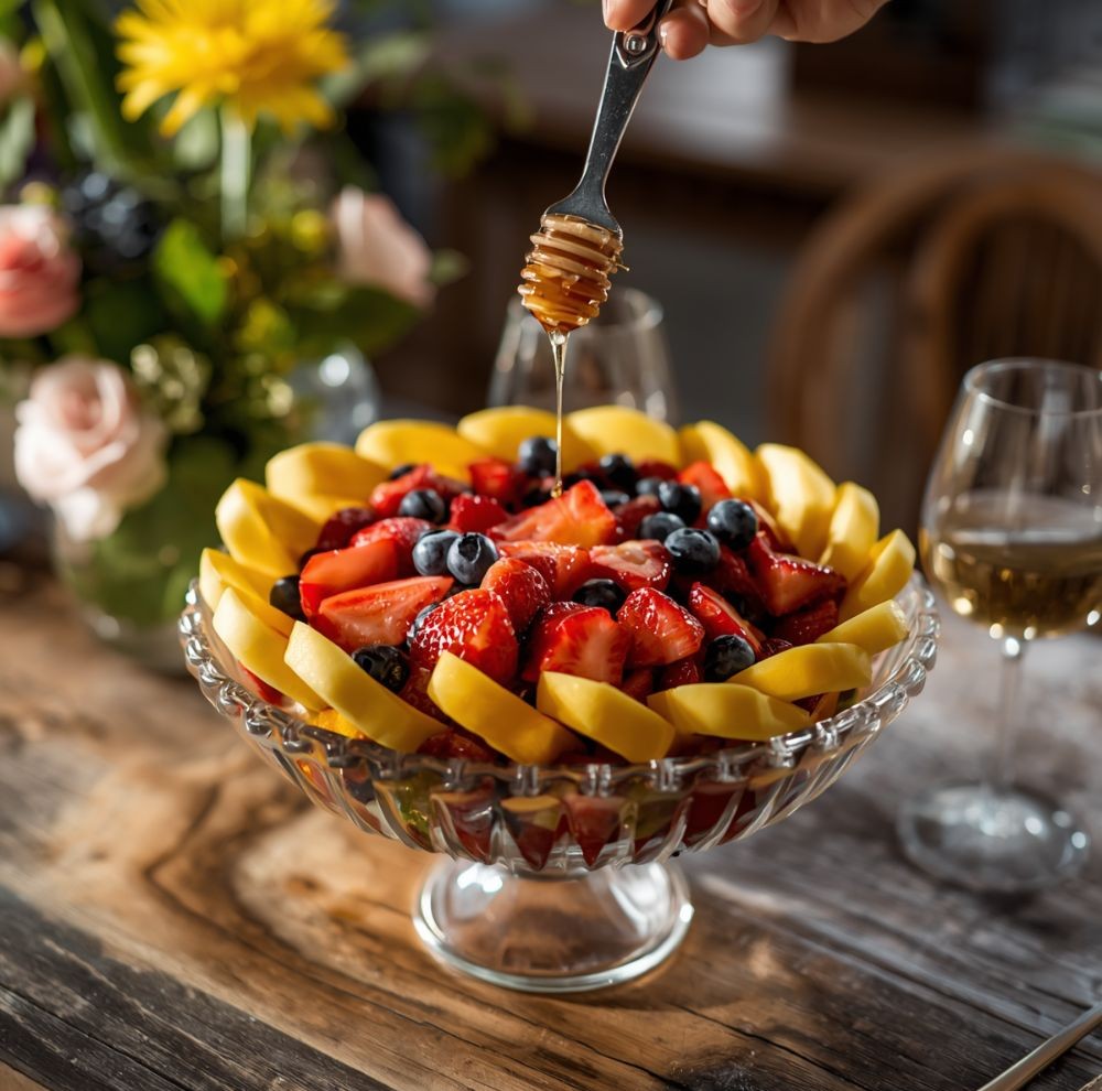Honey being drizzled from a honey dipper over a bowl of mango, strawberries, and blueberries
