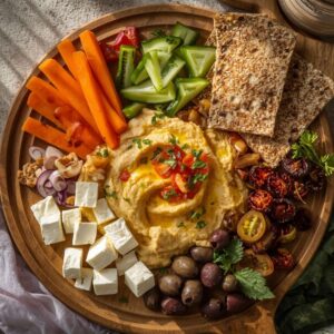 Hummus platter with carrots, cucumber, cheese, and dried tomatoes