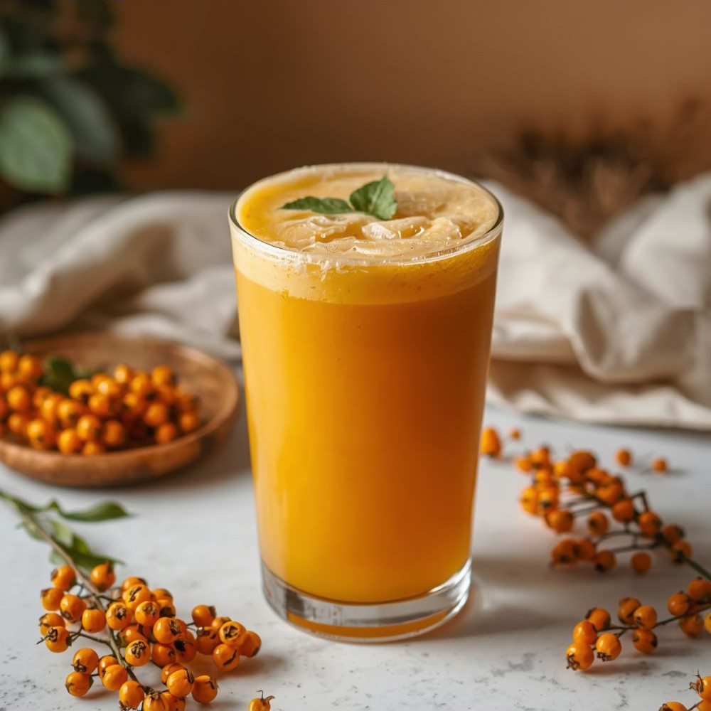 Glass of sea buckthorn smoothie garnished with mint, surrounded by scattered sea buckthorn berries