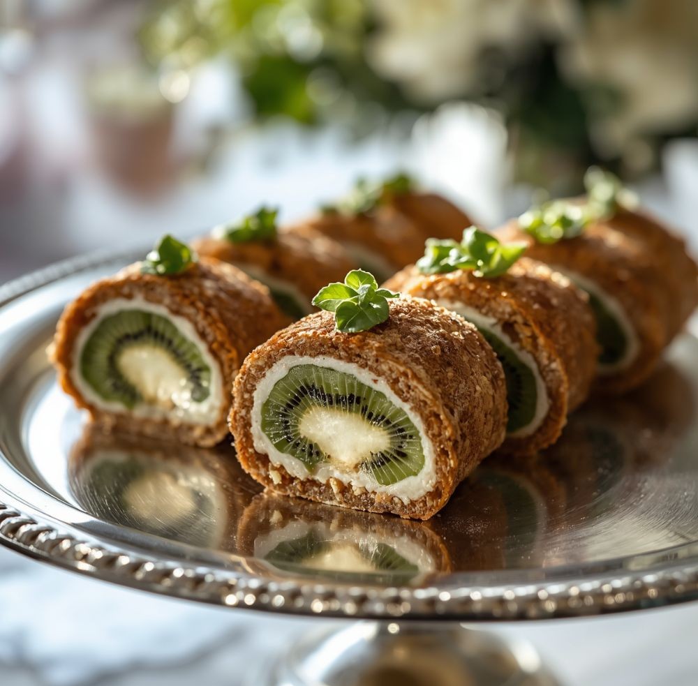 Sliced rolled cake filled with cream and kiwi, garnished with microgreens, served on a silver stand