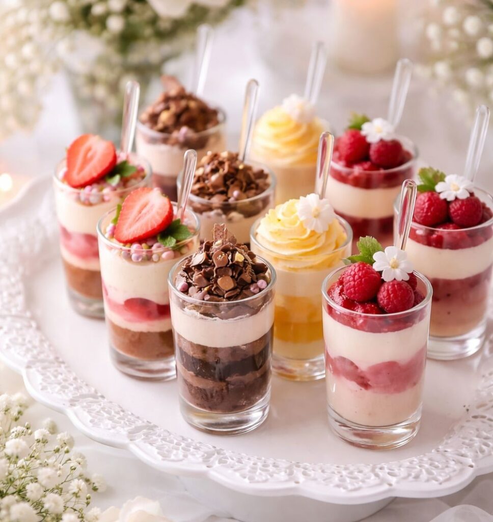 Assorted mini dessert shooters including chocolate mousse, lemon curd, and raspberry mousse decorated with edible flowers