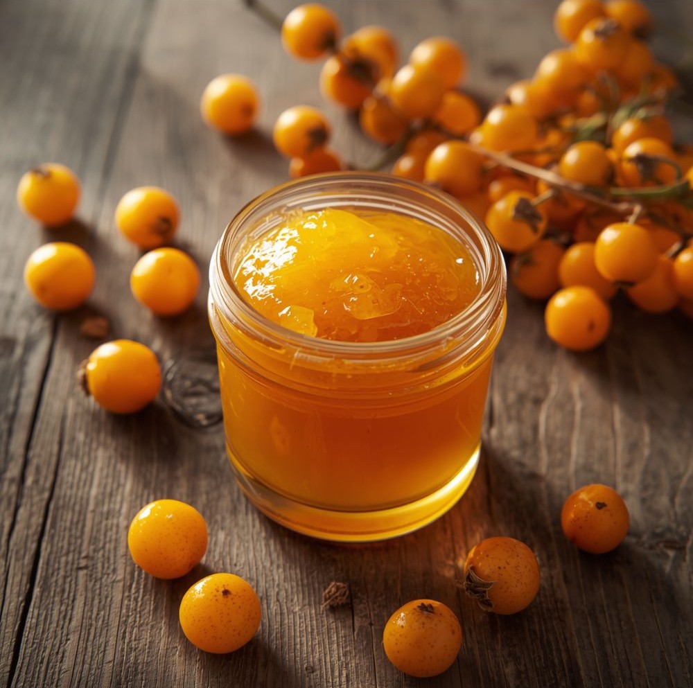 Jar of sea buckthorn jam surrounded by fresh sea buckthorn berry clusters on a wooden table
