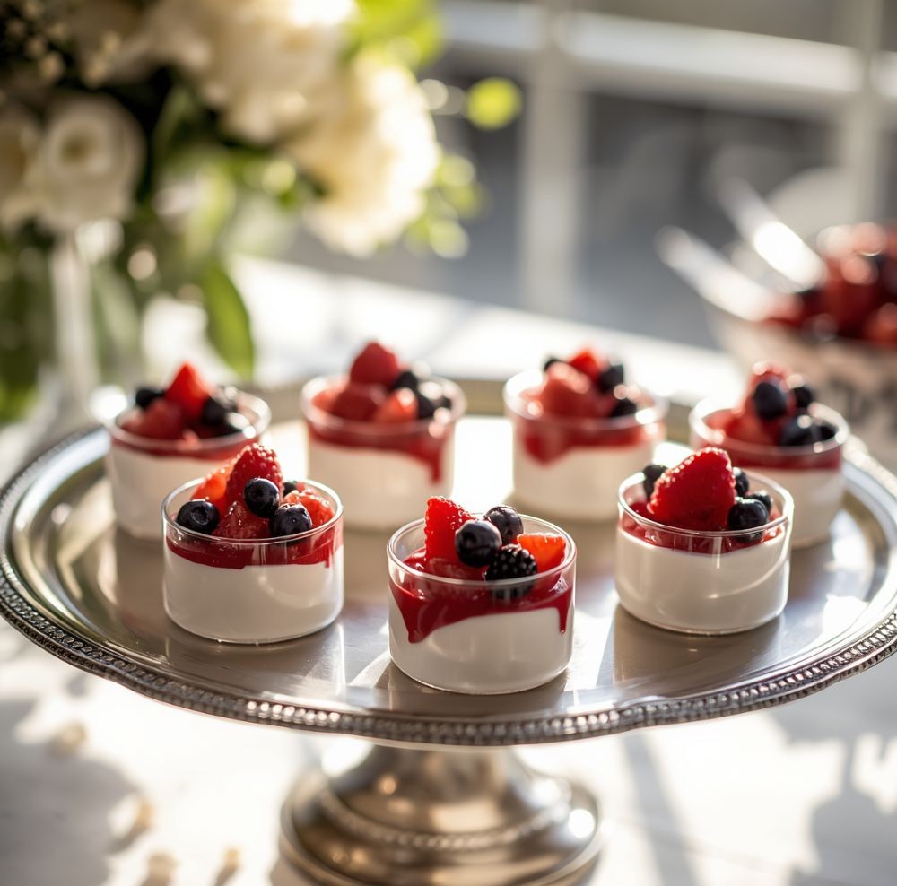 Individual panna cotta cups topped with strawberry sauce, blueberries, and blackberries on a silver stand