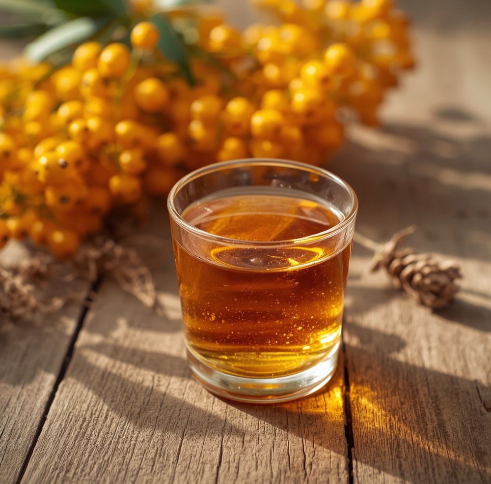 Glass of sea buckthorn juice next to clusters of ripe orange berries on a wooden table