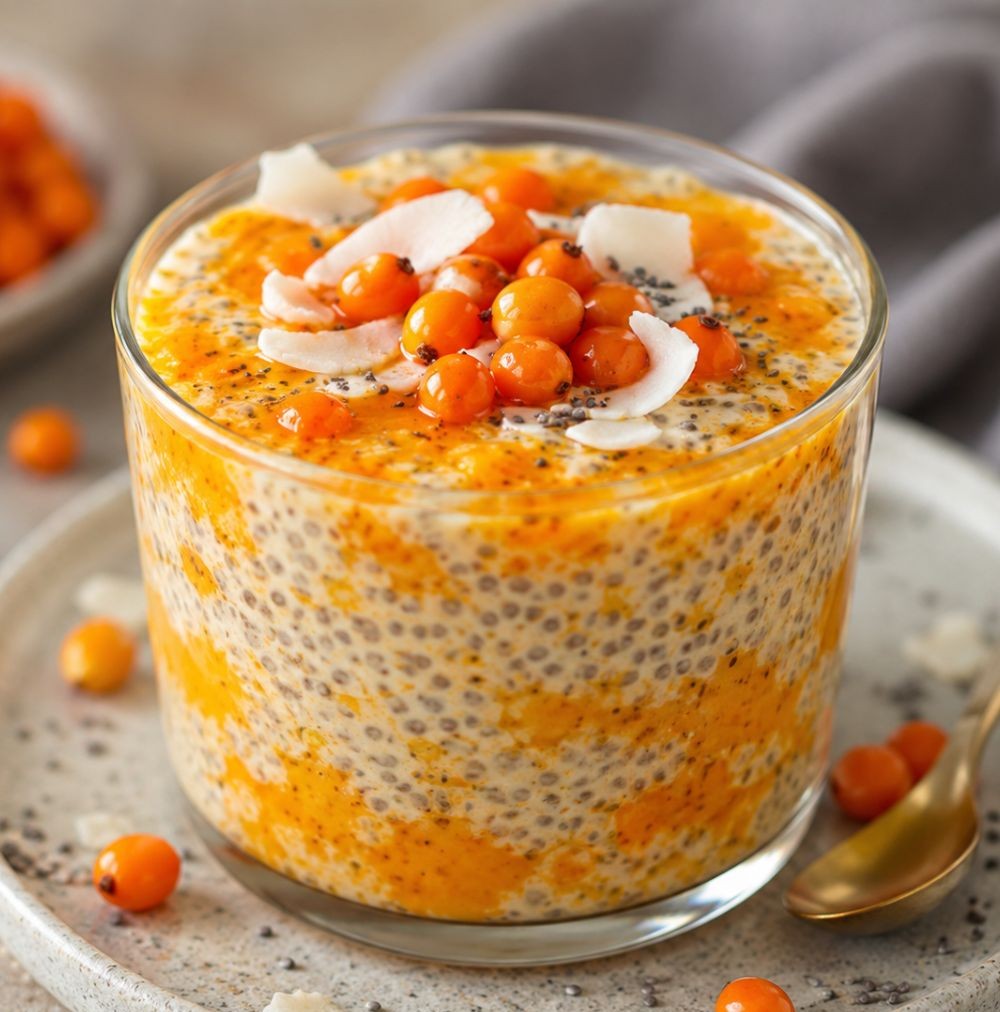 Sea buckthorn chia pudding in a glass topped with fresh berries and shredded coconut