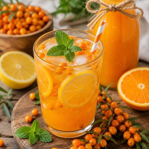 Bottle and glass of sea buckthorn drink garnished with mint and a striped straw, surrounded by fresh berries