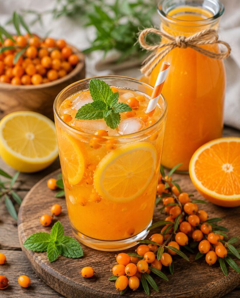 Glass of sea buckthorn lemonade with orange slices, mint leaves, and fresh berries on a wooden board