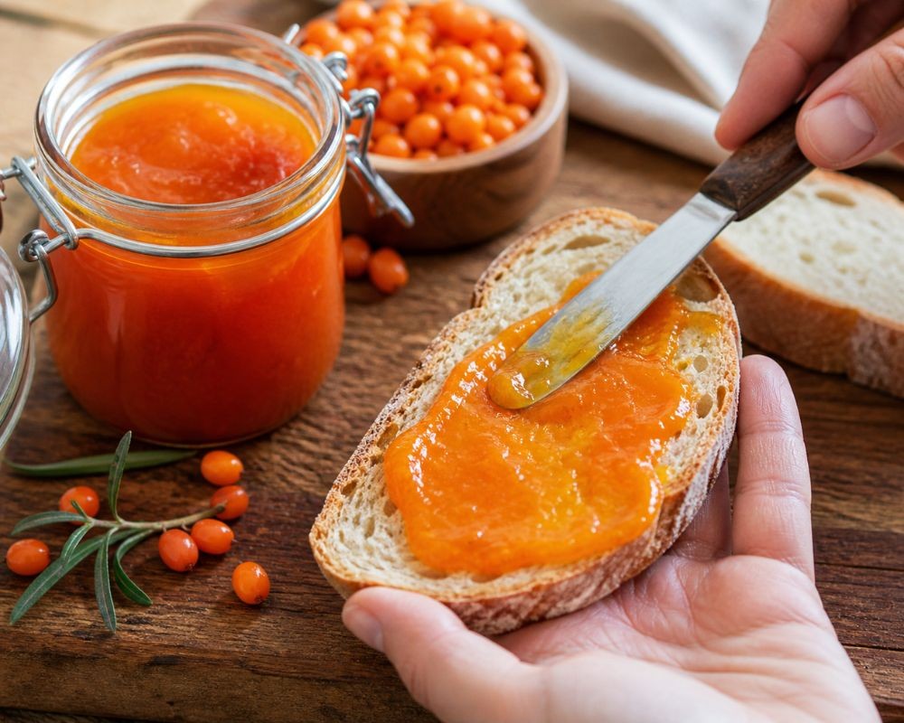 Hand spreading sea buckthorn jam on a slice of bread next to the jam jar and fresh berries