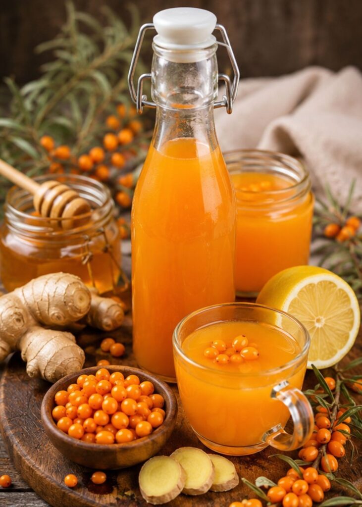 Sea buckthorn juice in a bottle and glass surrounded by ginger root, lemon, and a bowl of berries