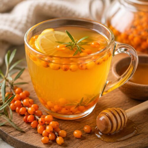 Glass cup of sea buckthorn tea garnished with a lemon slice and rosemary sprig, with berries floating inside