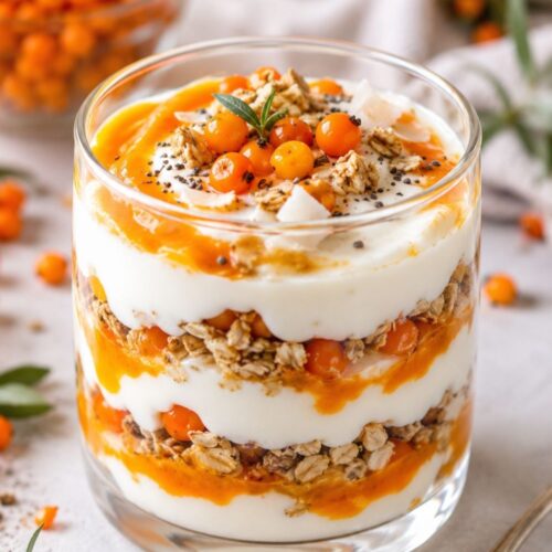 Close-up of a sea buckthorn yogurt parfait garnished with granola, berries, and mint, with fresh berries in the background