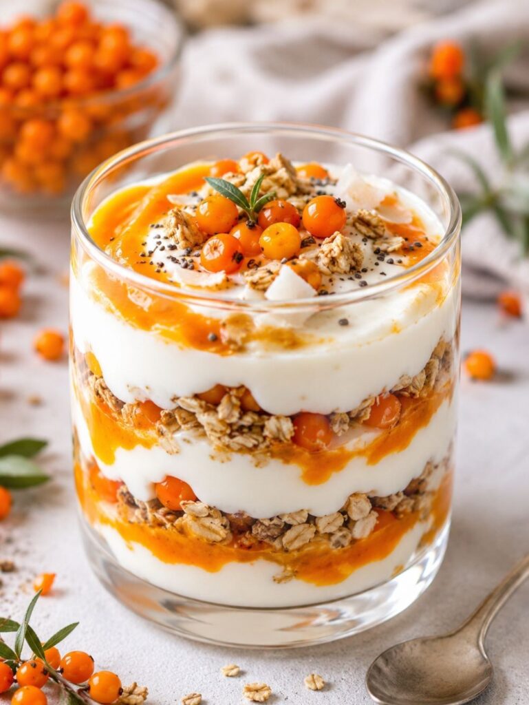 Yogurt parfait layered in a glass with granola, yogurt, and fresh orange berries
