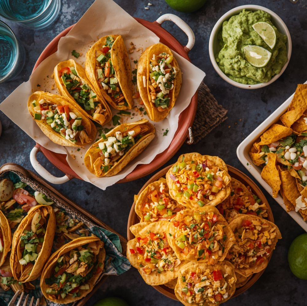 Tacos and tortilla chips served with guacamole and lime