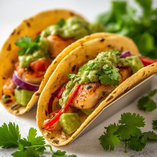 Tacos filled with avocado cream, lettuce, and red onion