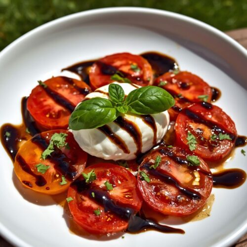 Tomato mozzarella salad drizzled with basil and balsamic vinegar