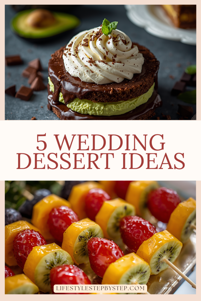 Pinterest graphic titled '5 Wedding Dessert Ideas' featuring a chocolate-avocado cream cake slice with whipped cream and fresh fruit skewers