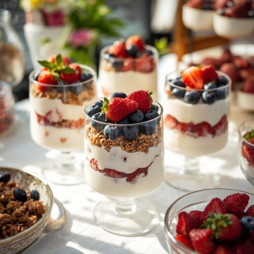 Glasses layered with yogurt, granola, and strawberries, topped with fresh strawberries and blueberries