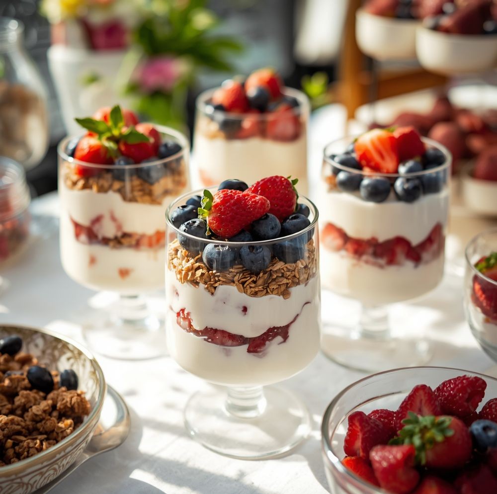 Glasses layered with yogurt, granola, and strawberries, topped with fresh strawberries and blueberries