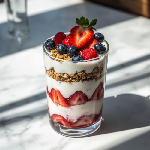 Yogurt parfait in a glass, layered with granola, blackberries, and strawberries