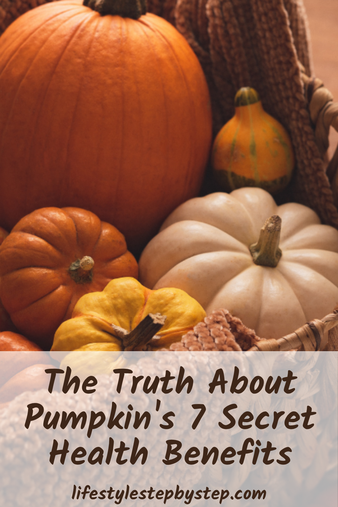 Pumpkin health benefits pin graphic with orange and white pumpkins in a wicker basket and the title The Truth About Pumpkin's 7 Secret Health Benefits