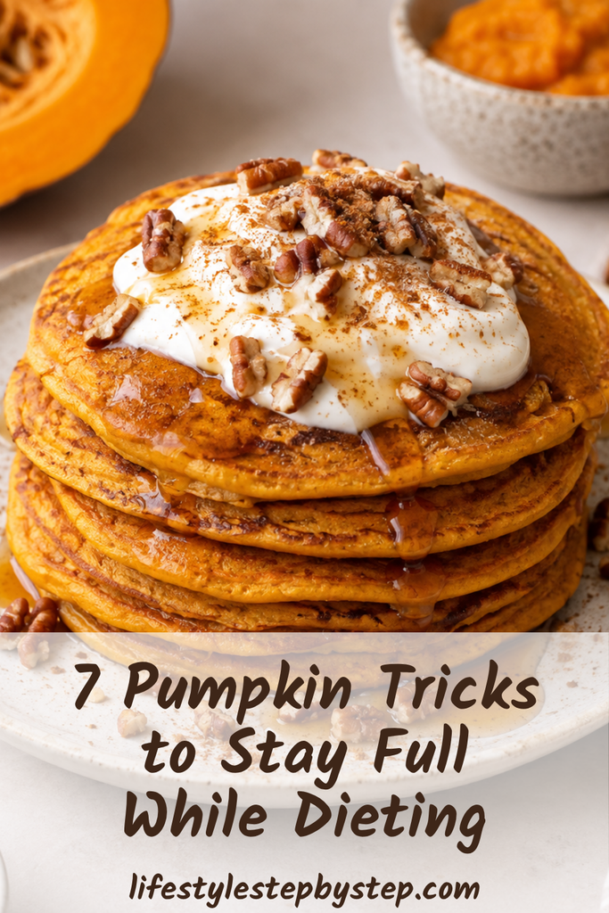 Stack of pumpkin pancakes topped with yogurt and pecans – 7 pumpkin tricks to stay full while dieting