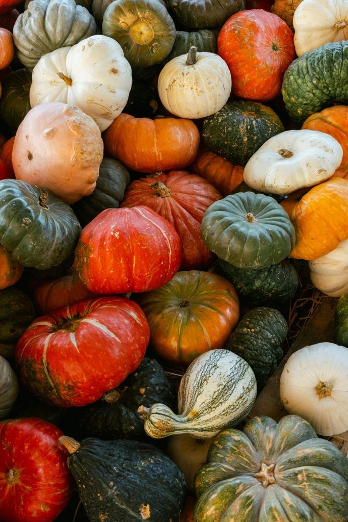 Pile of colorful pumpkins in red, green, white and orange shades