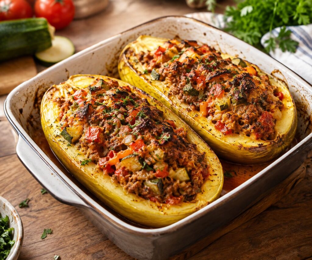 Baked stuffed spaghetti squash halves with ground meat and vegetables in a baking dish