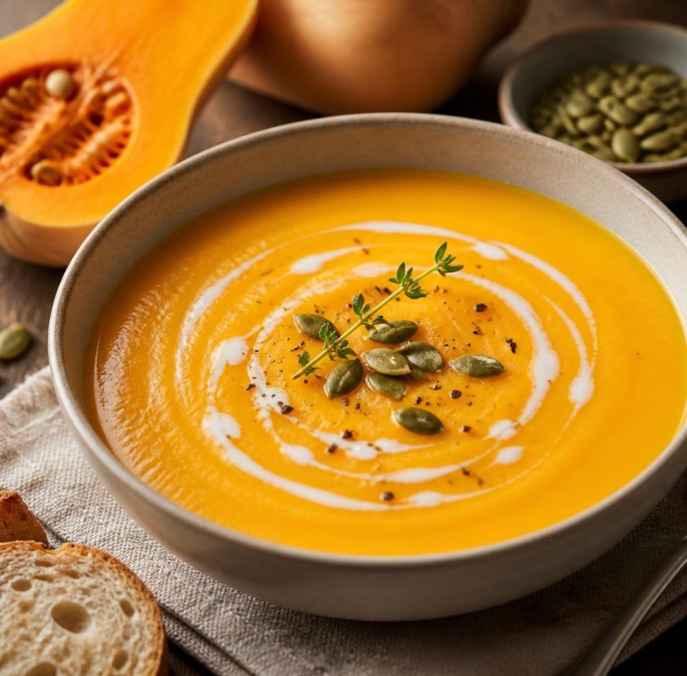 Creamy butternut pumpkin soup with cream swirl, pumpkin seeds and fresh thyme