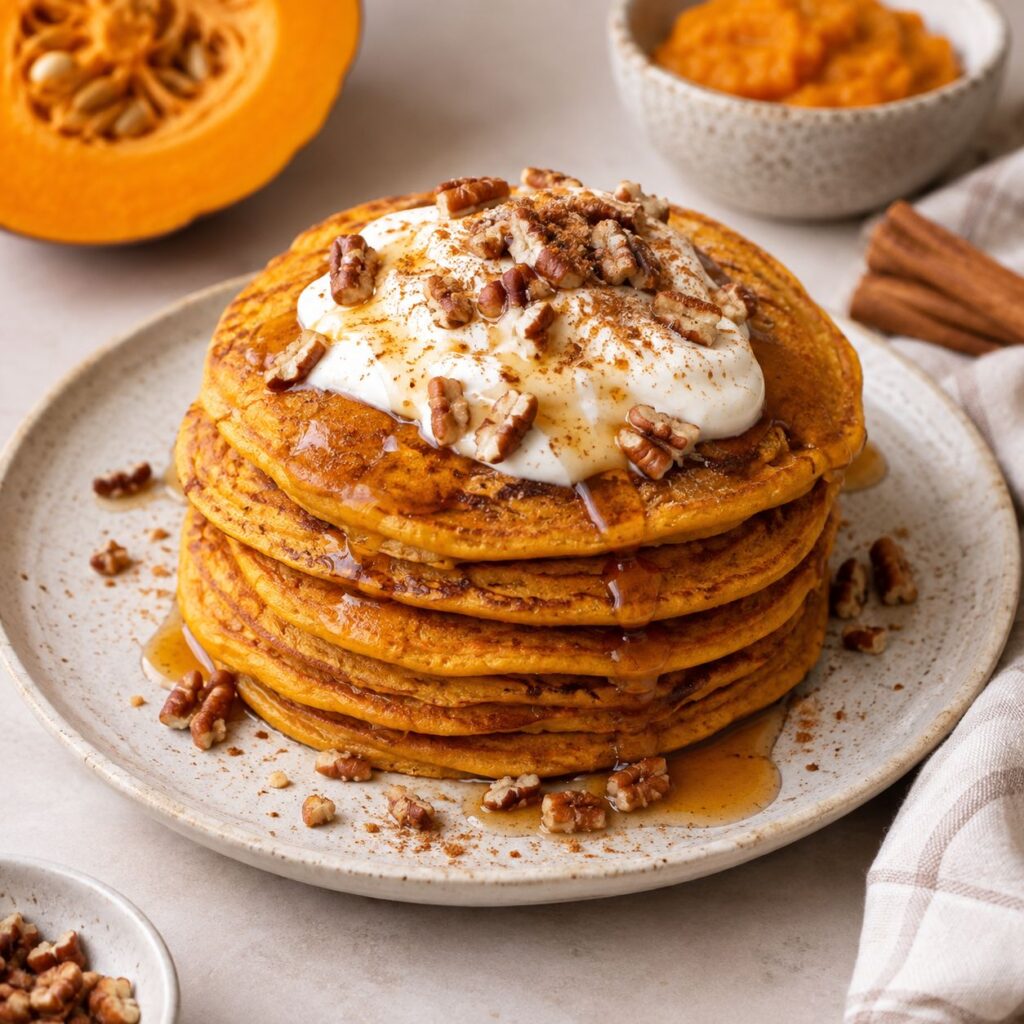 Stack of pumpkin pancakes topped with yogurt, chopped pecans and maple syrup