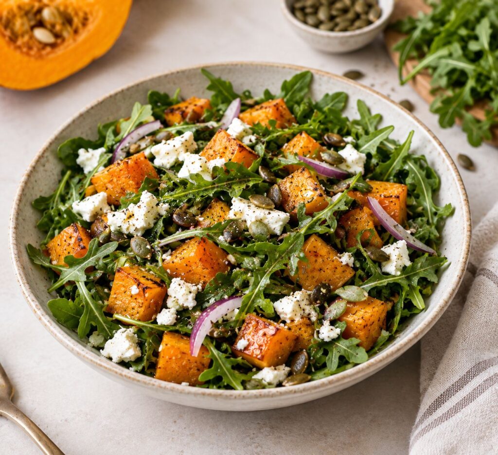 Quick pumpkin salad with roasted pumpkin, feta, arugula and red onion