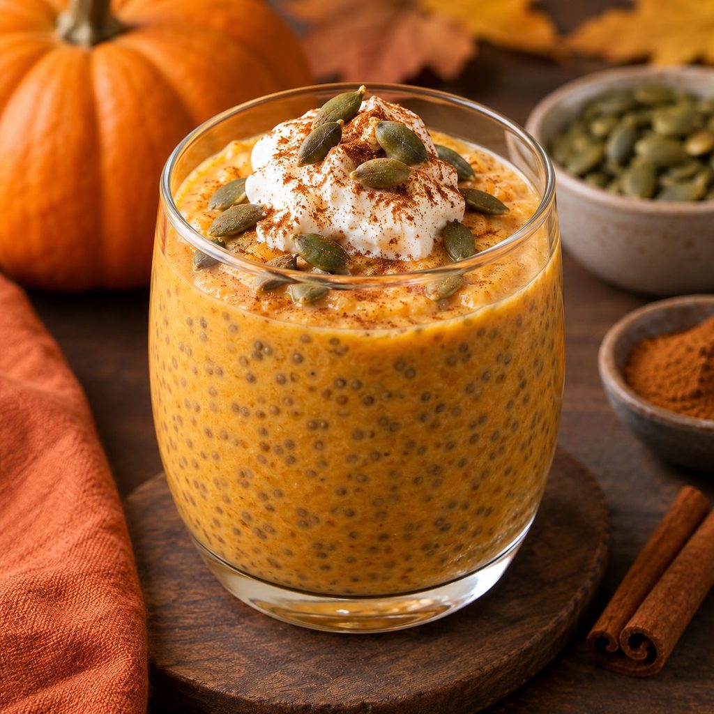Pumpkin chia pudding in a glass with whipped yogurt, cinnamon and pumpkin seeds