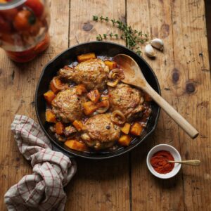 Skillet pumpkin chicken with roasted pumpkin cubes in a cast iron pan