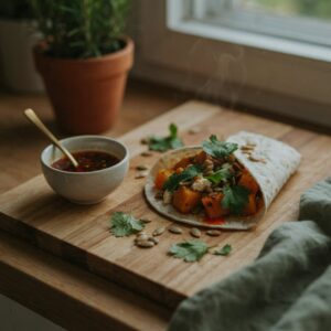 Pumpkin wrap filled with leftover roasted pumpkin and fresh herbs on a wooden board