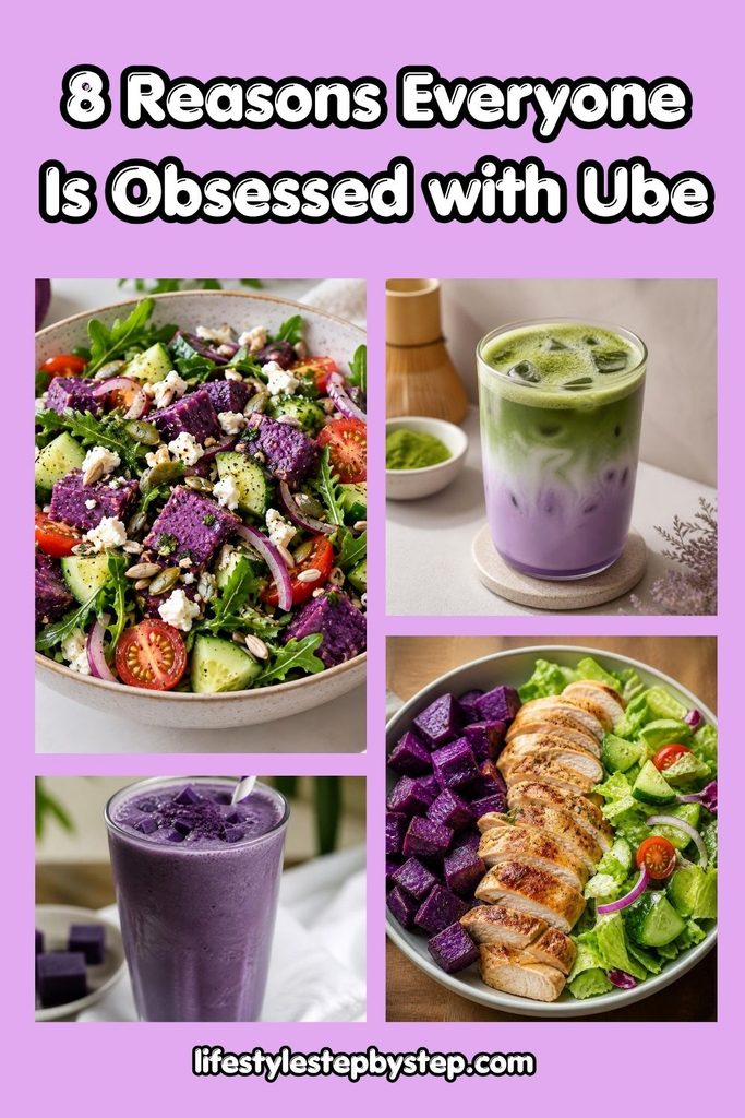Ube collage with a purple yam salad, an ube Matcha latte, an ube smoothie, and a chicken salad with ube