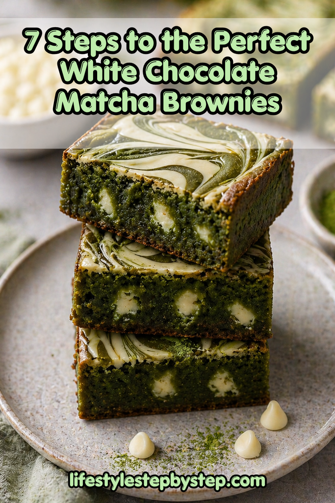 Stack of white chocolate Matcha brownies with marbled tops on a gray plate