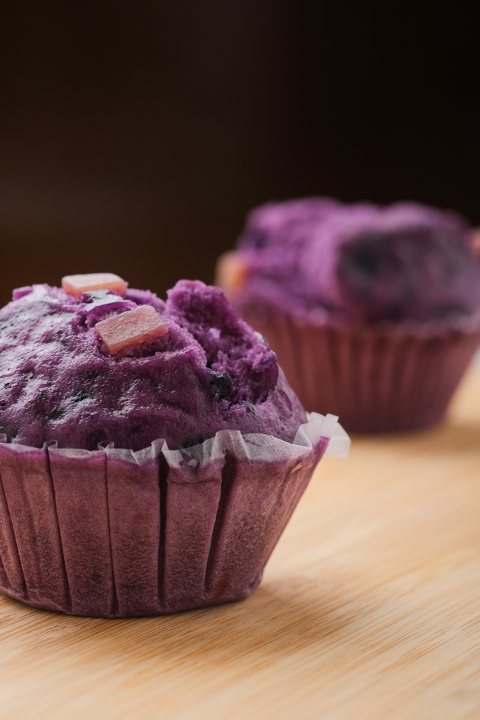 Soft purple ube muffins up close